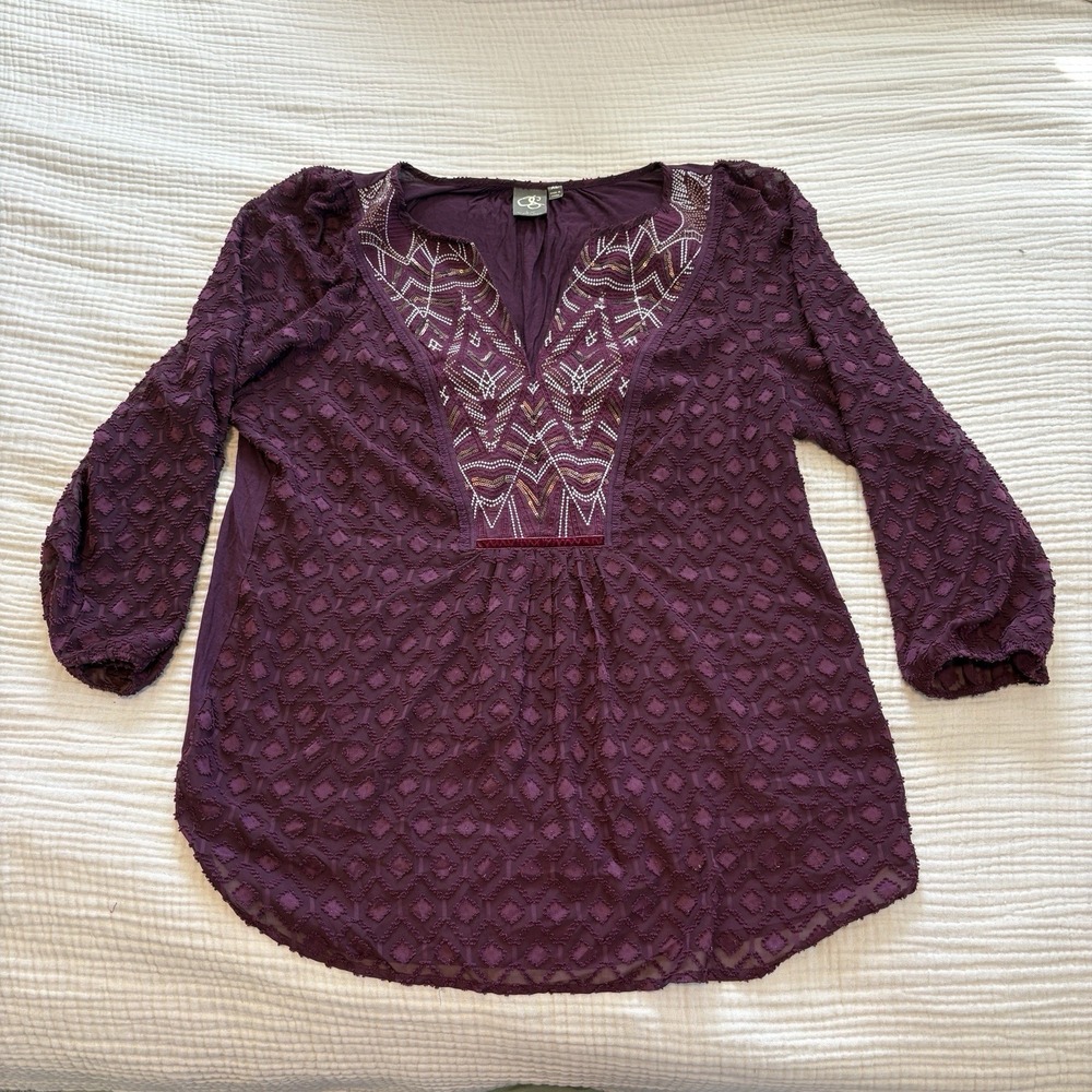 One September Anthropologie Madiran Peasant Top Burgundy Embroidered Women's XL‎